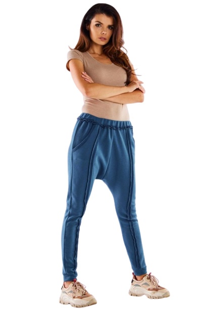 Spodnie damskie dresowe z obniżonym krokiem bawełniane niebieskie